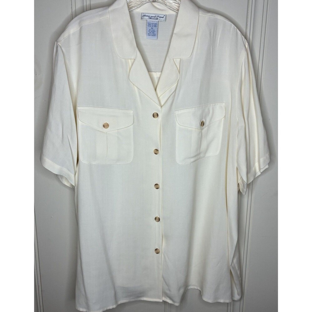 VTG Anna & Frank short sleeved ivory 100% silk camp blouse XL 90's minimalist
